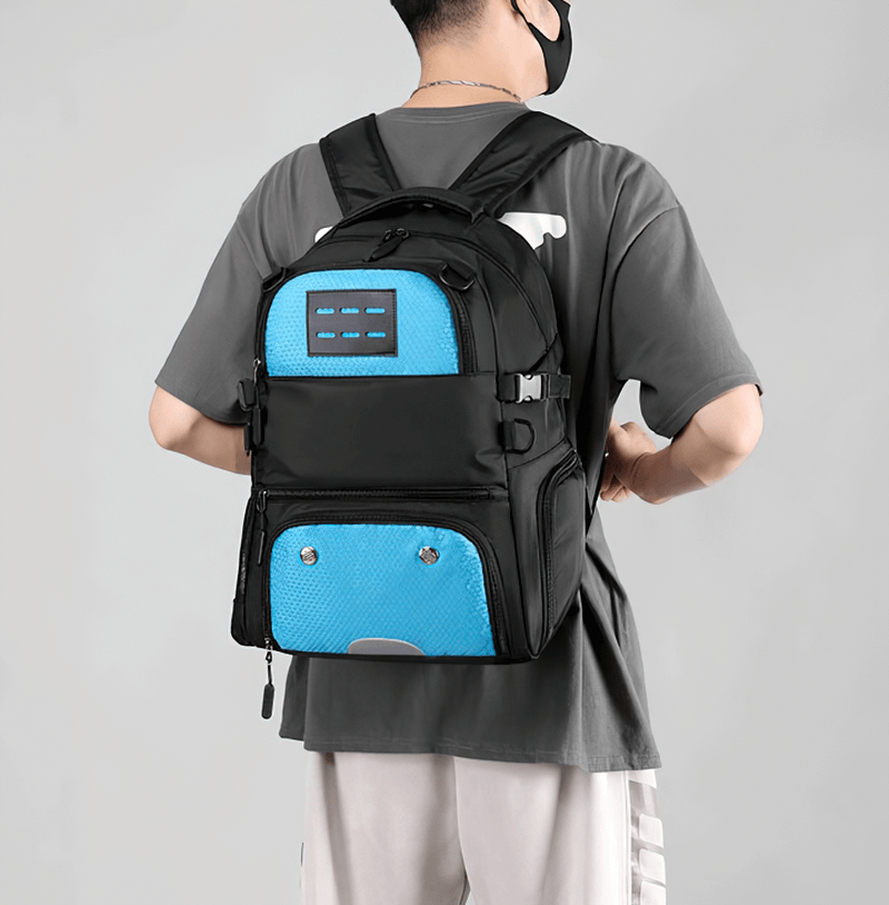 Unisex sports backpack with shoe compartment and detachable net pocket, ideal for gear storage, model SF0808.